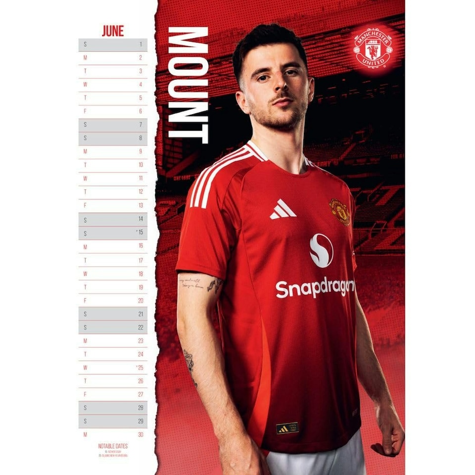 image 1 of Manchester United FC 2025 A3 Wall Calendar - Claret Red/Blue/White - One Size