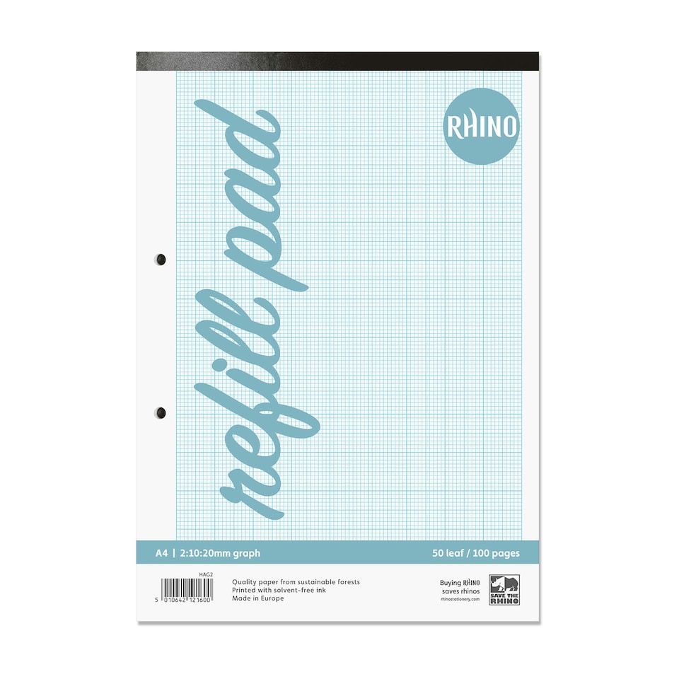 image 1 of Rhino A4 100 Page 20mm Graph Ruling with Plain on Reverse Graph Pad
