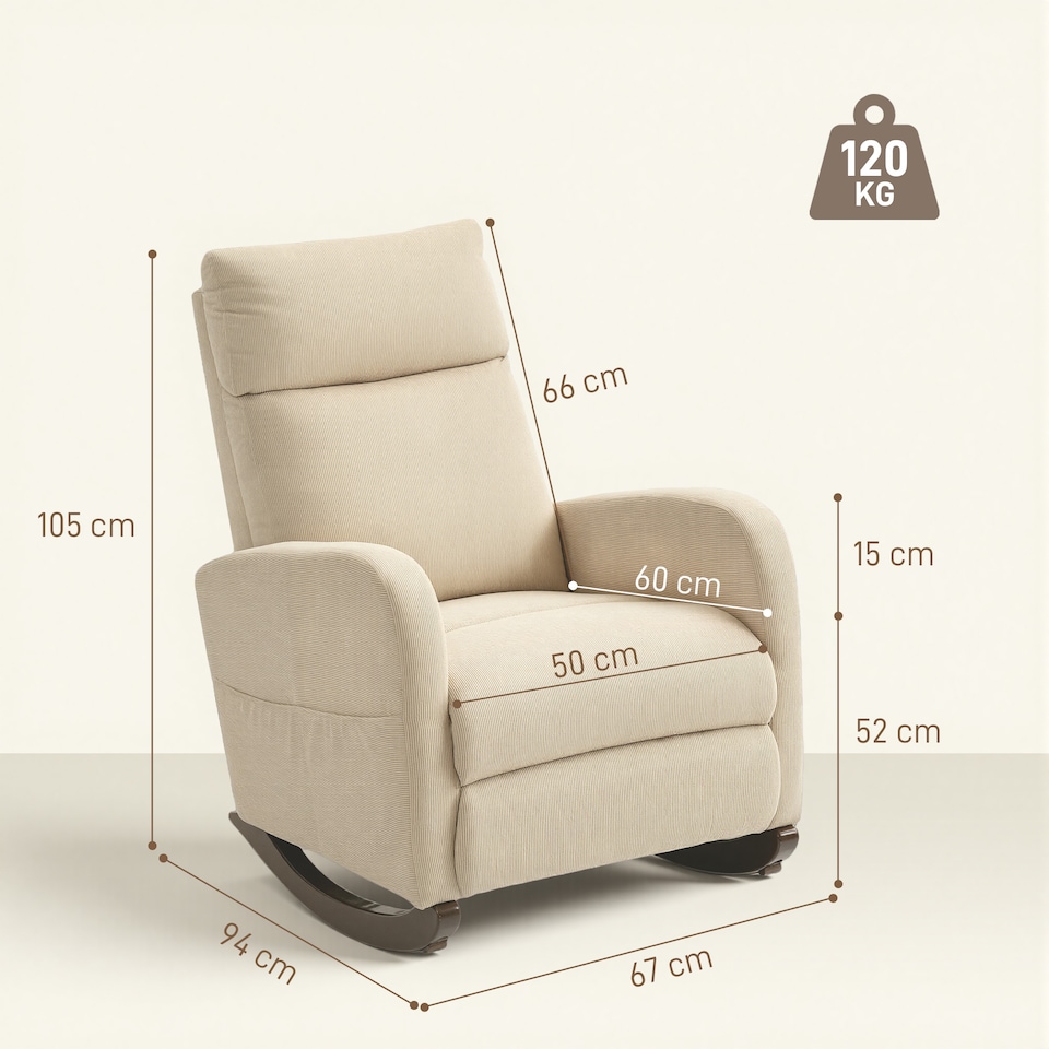 image 1 of HOMCOM Rocking Chair, Corduroy Fabric Upholstered Accent Armchair with Side Pockets & Solid Wood Legs, Modern High Back Leisure Rocker Lounge Chair for Nursery, Living Room, Bedroom, Beige | Yellow