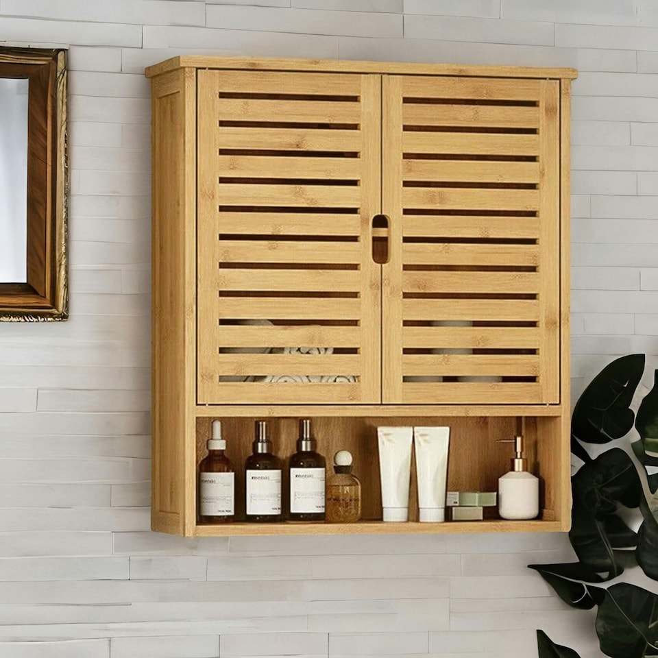 image 1 of Wooden Bathroom Wall Storage Cabinet Organiser Natural Brown Brown
