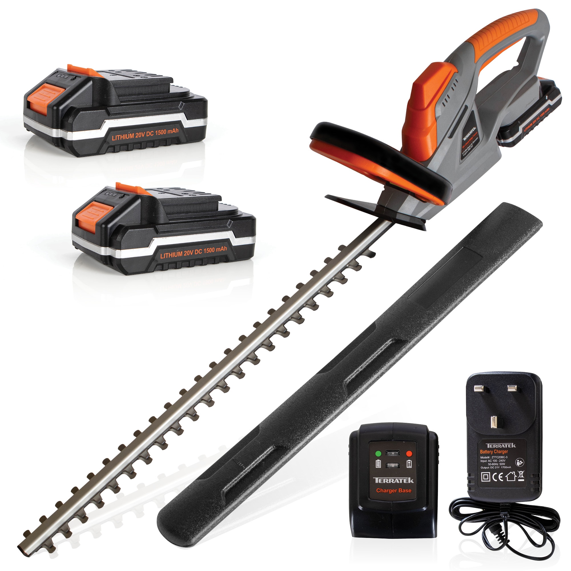 Terratek 20V Cordless Hedge Trimmer with 2 Batteries & Charger | Grey | Grey | 1