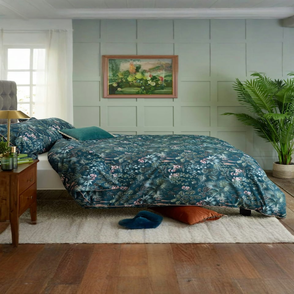 image 1 of Tropical Leaves 100% Cotton Duvet Cover Set – Digitally Printed with Piped Edging | Multi | Single