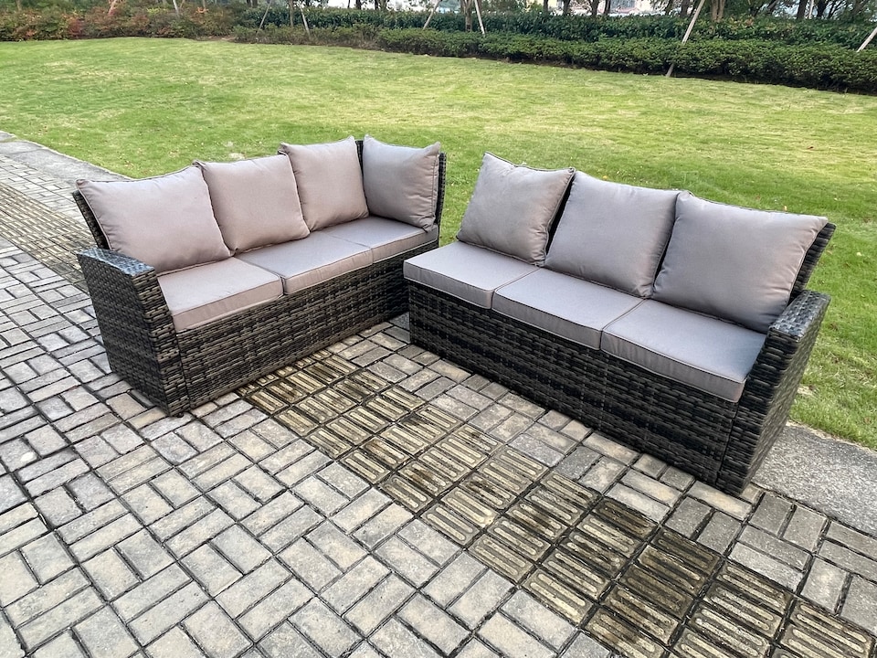 image 1 of Fimous High Back Outdoor Garden Furniture Set Rattan Corner Sofa Dining Table Set With 2 Big Footstool 2 Armchairs Dark Grey Mixed