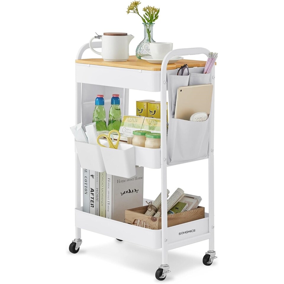 image 1 of 3-Tier Rolling Trolley, Utility Cart with Tabletop, Side Pockets, for Kitchen, Office or Bathroom, Cloud White