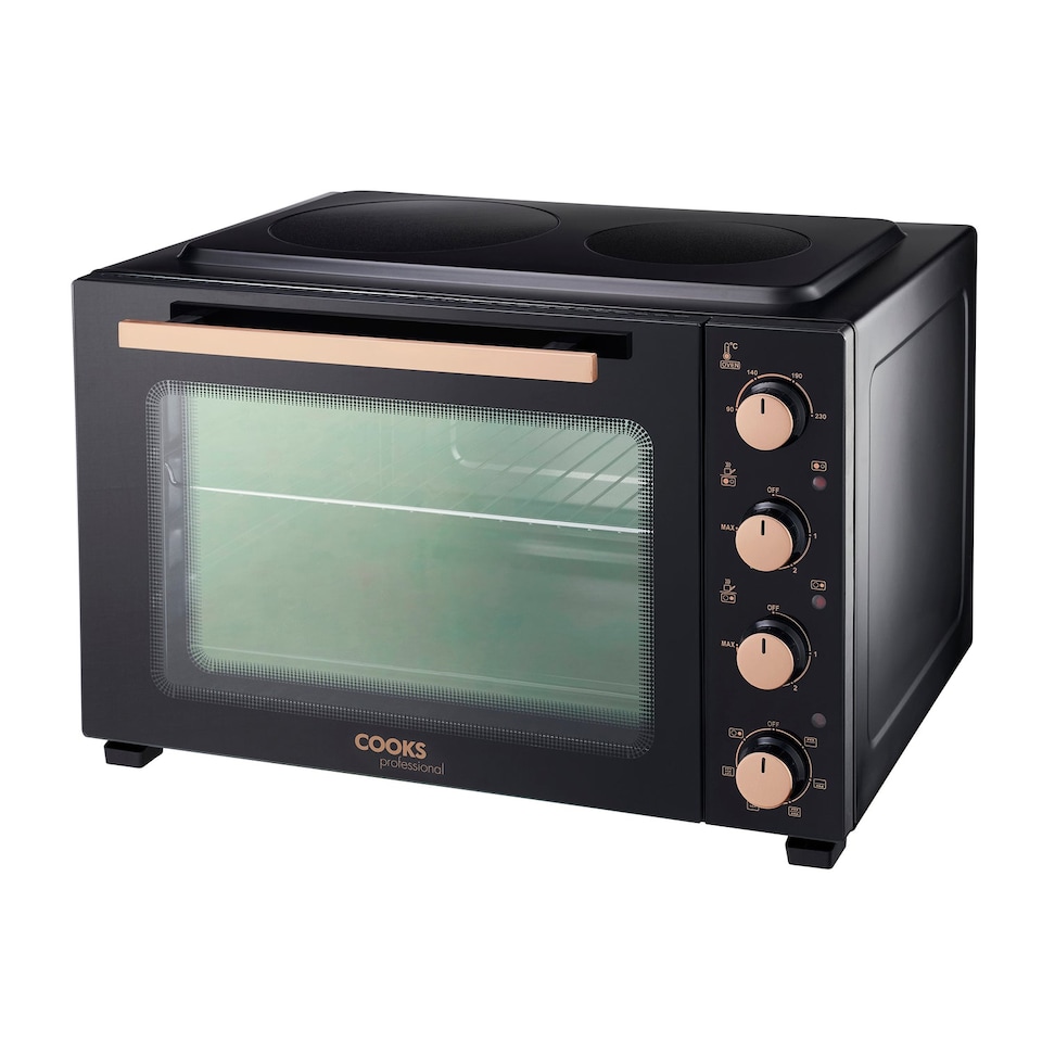 image 1 of Cooks Professional 48L Mini Portable Oven with 2 Ceramic Hobs - Electric Portable Countertop Cooker | Black | Black & Copper