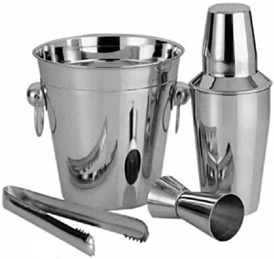 Stainless Steel Cocktail Set of 4 - Ice Bucket, Cocktail Shaker, Liquor Pour, and Tong