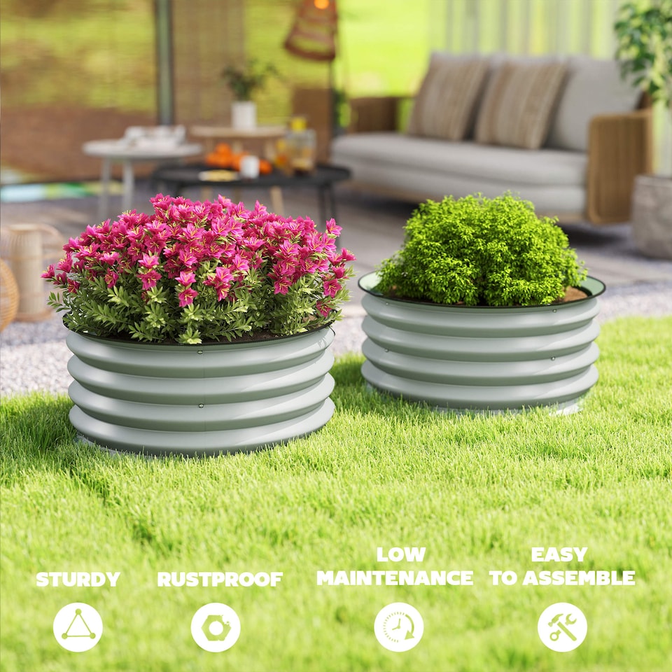 image 1 of Outsunny Set of 2 Raised Garden Bed Metal Planter Box with Safety Edging, Grey