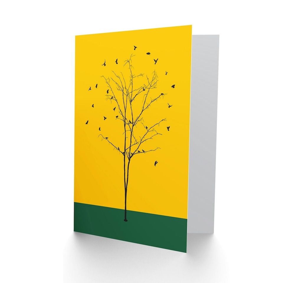 image 1 of Bare Winter Tree Birds Green Yellow Art Blank Card