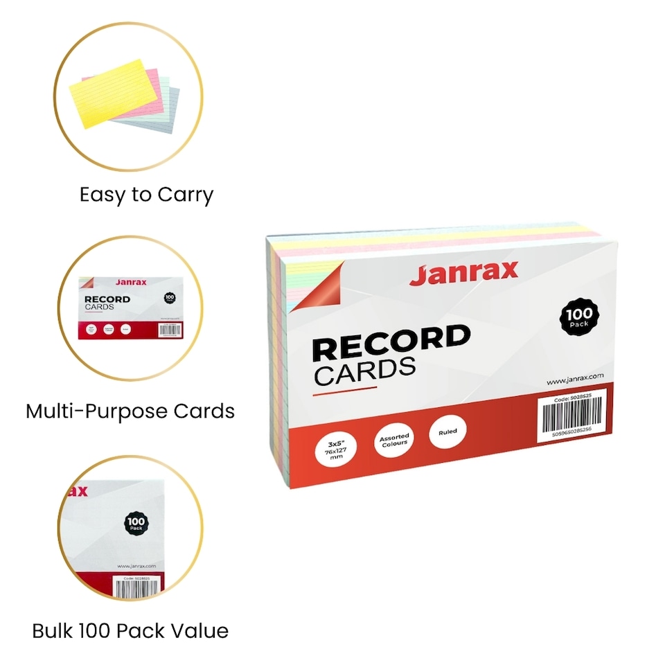 image 1 of Pack of 100 White Ruled 5x3inch Record Cards - Lined Study Index Cards for Notes, Revision