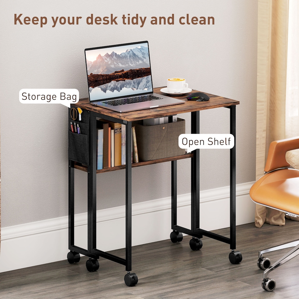image 1 of HOMCOM Folding Desk with Storage Shelf and Bag, 63 cm Foldable Computer Desk for Small Spaces, Space Saving Writing Table on Wheels for Home Office, Bedroom, Easy Assembly, Rustic Brown | Brown