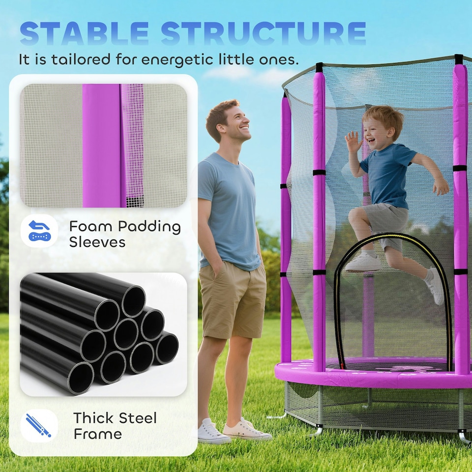image 1 of AIYAPLAY 4.6FT Kids Trampoline with Safety Enclosure Net, Purple