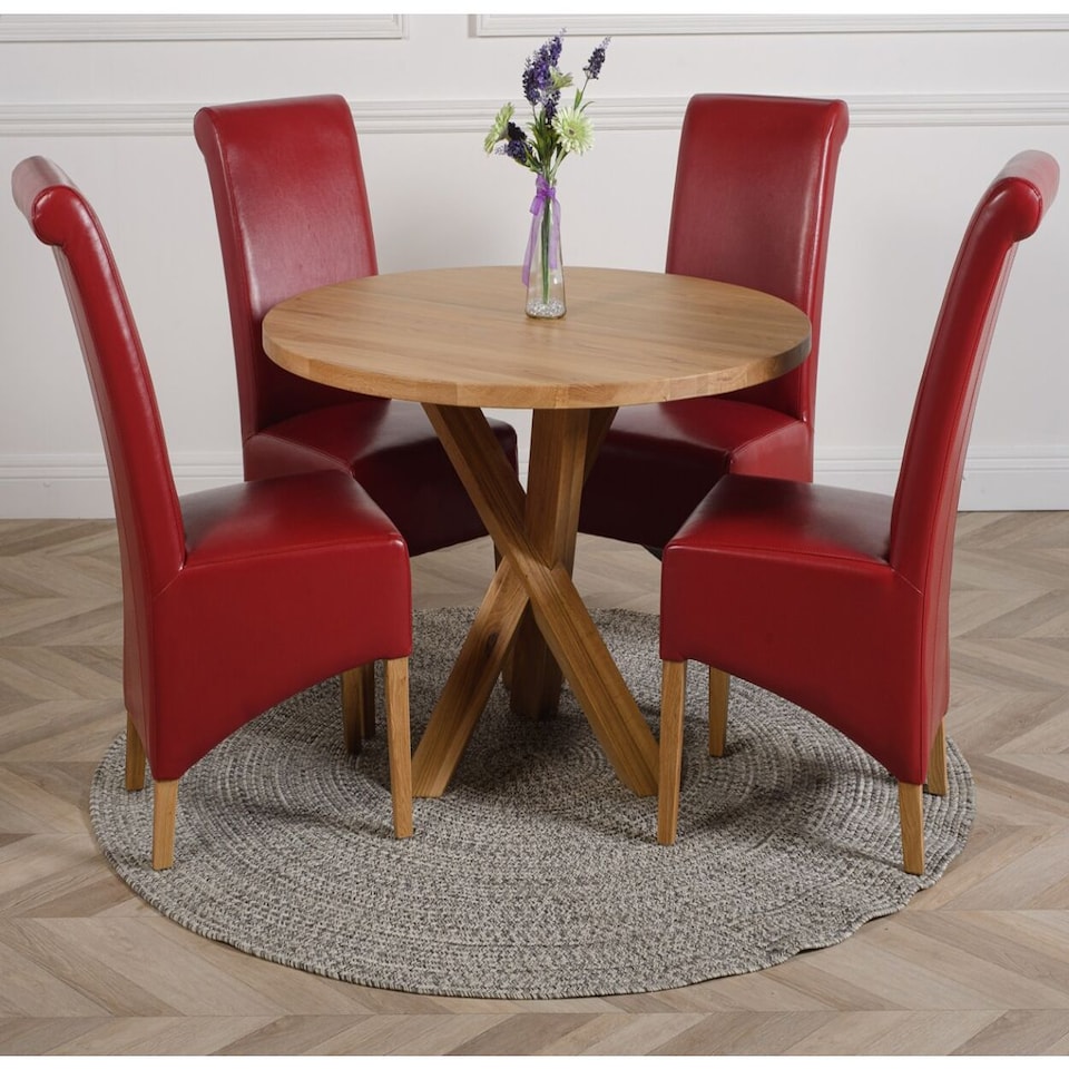 image 1 of Oregon Round Oak Dining Table and 4 Montana Leather Chairs | Red | Red | 1