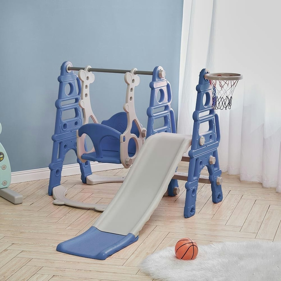 image 1 of Living and Home Kids Toddler Swing and Slide Set with Basketball Hoop and Climbing Ladder