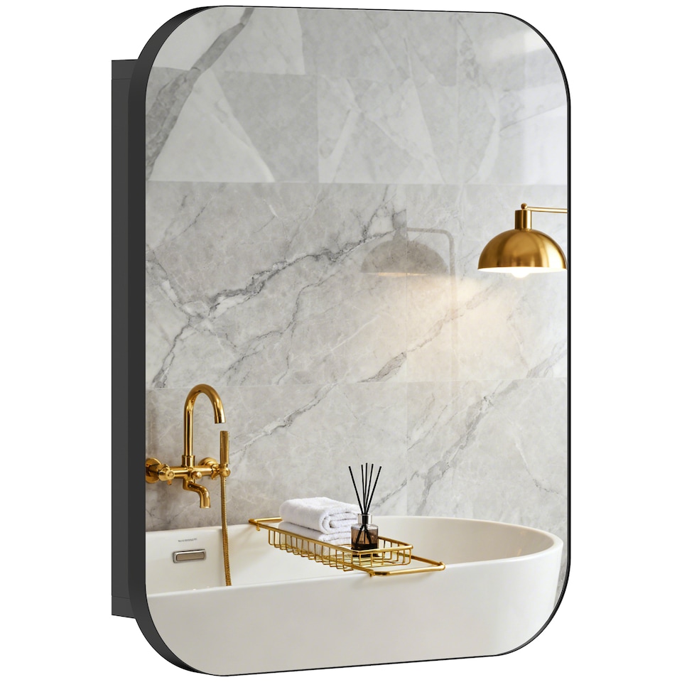 image 1 of HOMCOM Wall Mounted Bathroom Cabinet with Mirror Adjustable Shelves | Black | Black | 40.2 x 10.2 x 50.9 cm