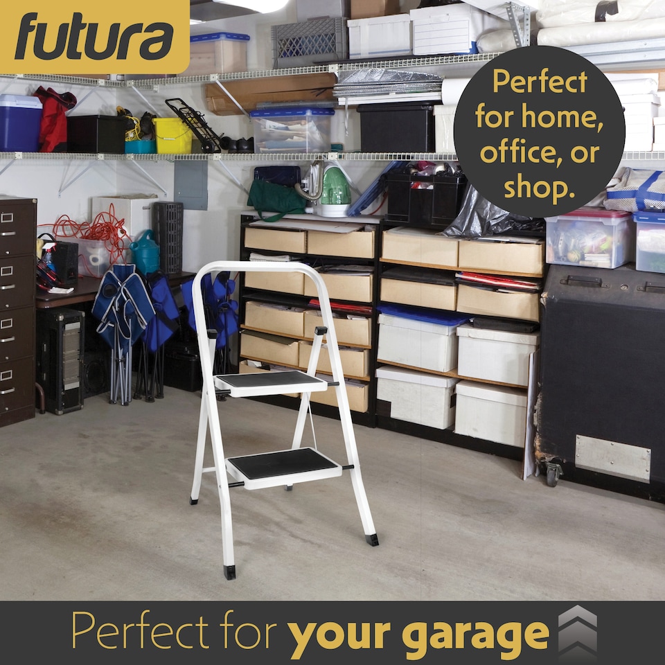 image 1 of Futura 2 Step Ladder White, Heavy-Duty Steel Folding Home DIY Step Stool with Wide Non-Slip Steps & Anti Slip Feet 150kg Capacity
