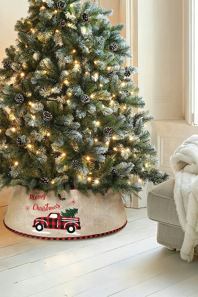 image 1 of Living and Home Burlap Merry Christmas Tree Skirt Collar - 77cm Dia x 26cm H