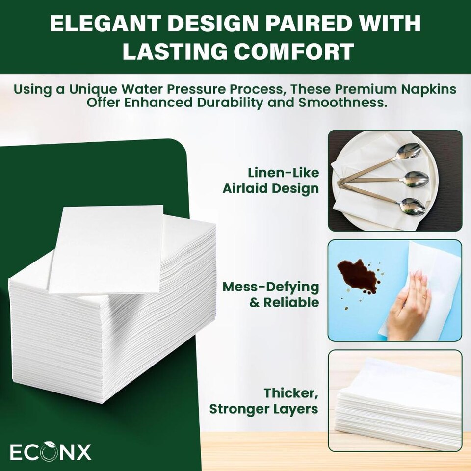 image 1 of ECONX White Paper Napkins 40cm 2 Ply Strong Paper Napkins Tissue Serviettes Cocktail Napkins Pack of 1000