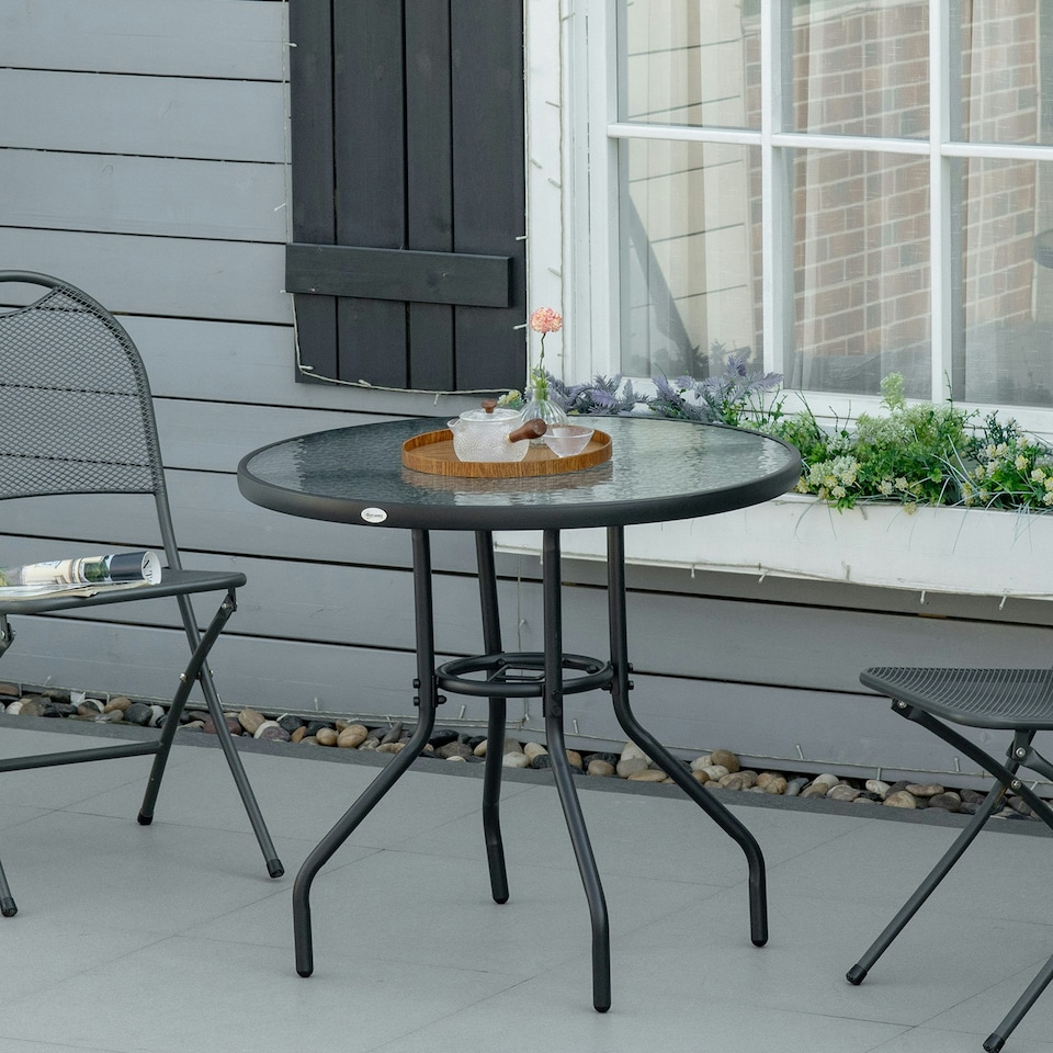 image 1 of Outsunny Outdoor Round Dining Table Tempered Glass Top with Parasol Hole
