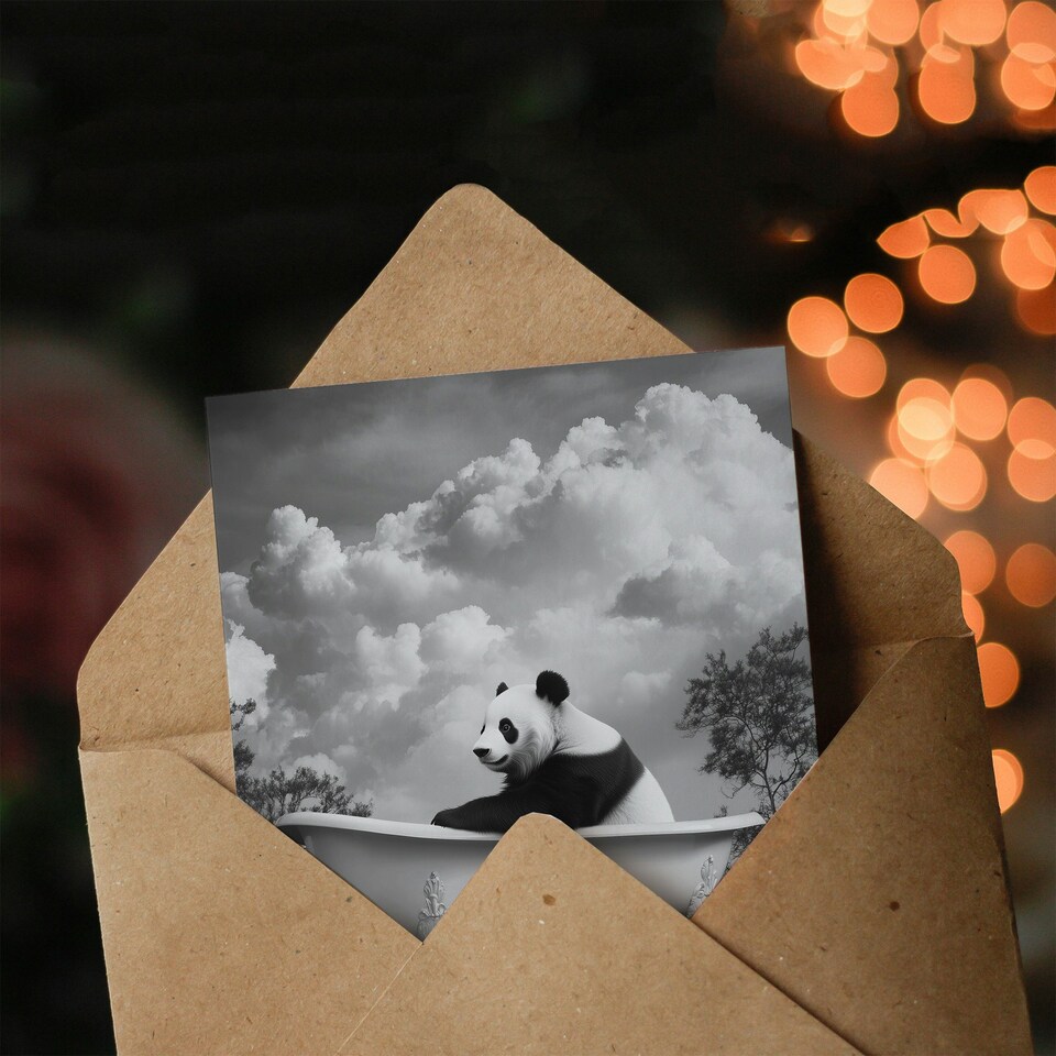 image 1 of Panda Bear in Elegant Bathtub Black White Surreal Birthday Greeting Card