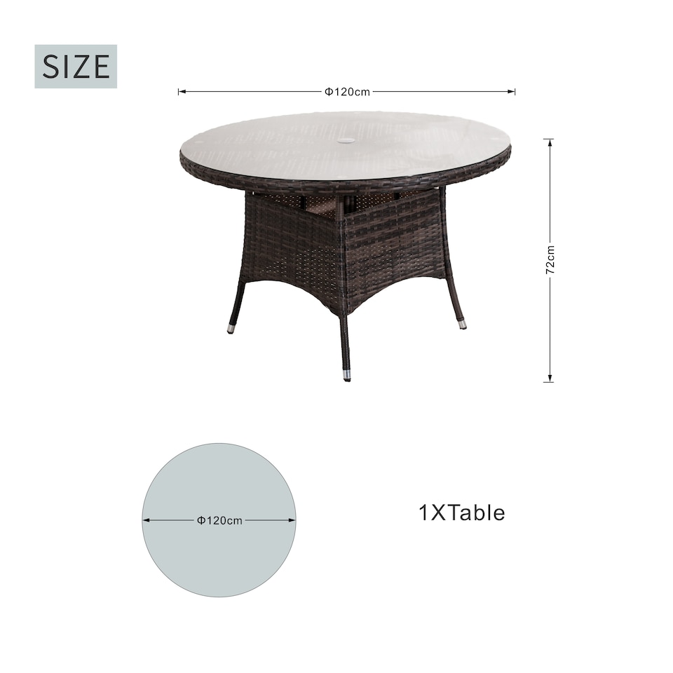 image 1 of Direct Wicker Outdoor 4 Person Rattan Round Dining Table, Aluminum Frame with Tempered Glass Top, Umbrella Hole | Brown