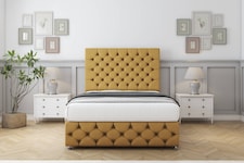 Sloomy Watson Mustard Plush Divan Bed With Mattress 4 Drawers With 54" Floor Standing Headboard & 12" Matching Footboard 6' Super King | Gold | Mustard | Super King | 1
