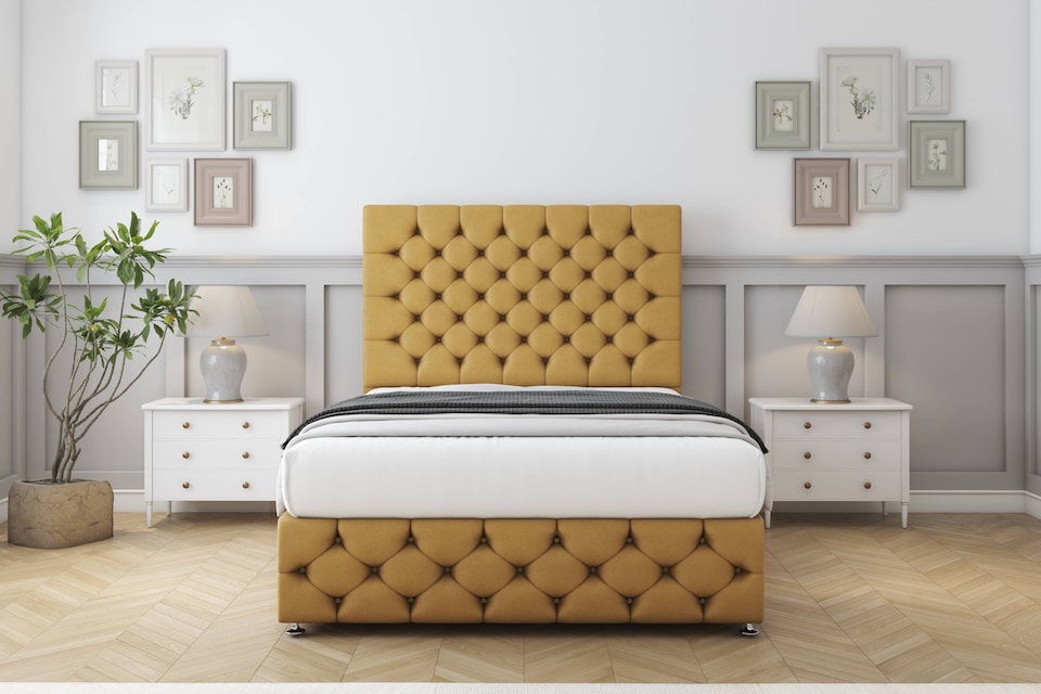 image 1 of Sloomy Watson Mustard Plush Divan Bed With Mattress 4 Drawers With 54" Floor Standing Headboard & 12" Matching Footboard 6' Super King | Gold | Mustard | Super King | 1