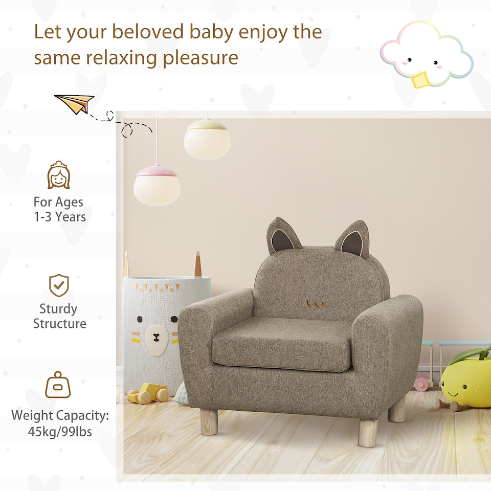 image 1 of HOMCOM Kids Sofa Children Armchair Toddler Chair Ear Modeling Bedroom | Brown | One Size