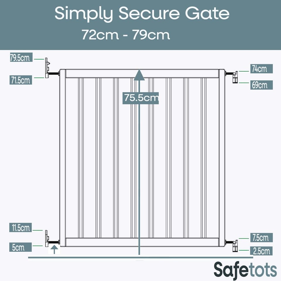 image 1 of Safetots Simply Secure Wooden Gate, 72cm - 79cm, White, Wooden Stair Gate, Screw Fit Baby Gate, Safety Barrier
