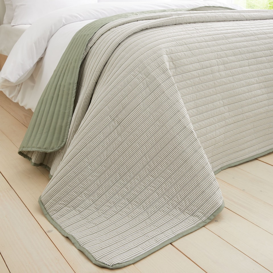 image 1 of Catherine Lansfield Stripe Quilted Reversible Bedspread | Green | One Size