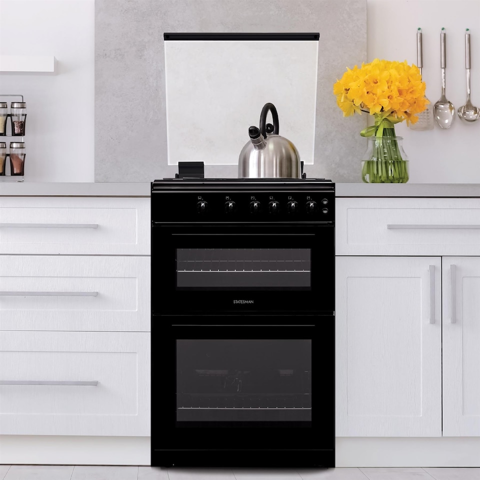 image 1 of Statesman GDL60B Double Oven Gas Cooker with Glass Lid & Closed Door Grilling, 4 Gas Burners, 60cm Wide, Black
