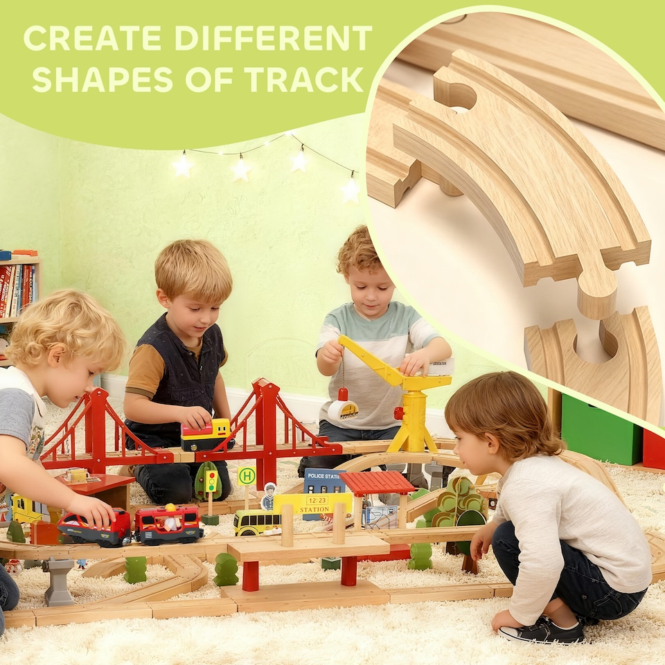 image 1 of AIYAPLAY Wooden Train Set, 133 Piece Train Track for Kids, Boys and Girls Ages 3+ Years Old, Wooden Magnetic Railway Toys with Crane, Storage Box