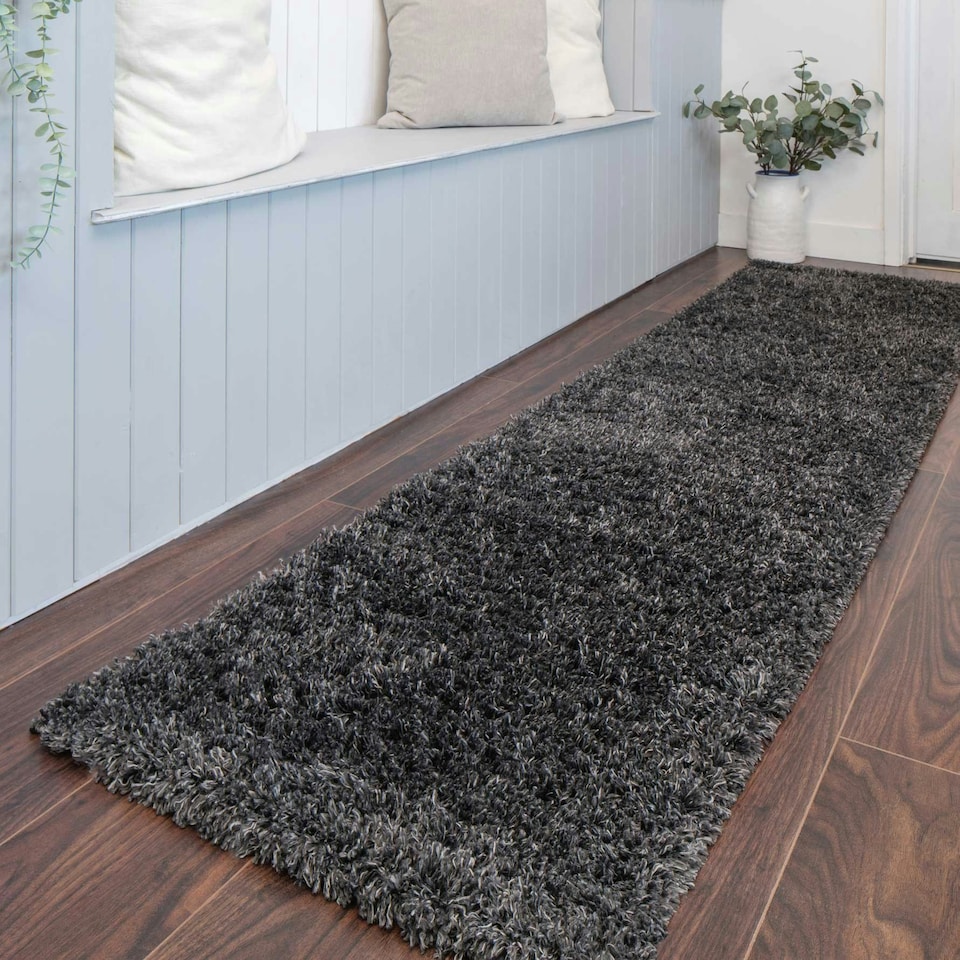 image 1 of KUKOON Slate Grey Deep Pile Shaggy Hallway Runner Rug 60cm x 240cm