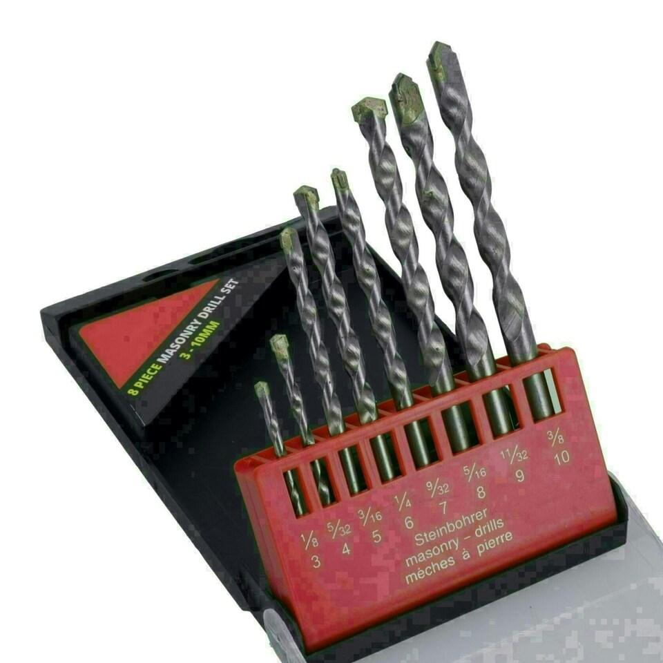 image 1 of Masonry Twist Drill Bit Set 8pc Metric & Imperial Size Metal Wood Brick 3mm - 10mm
