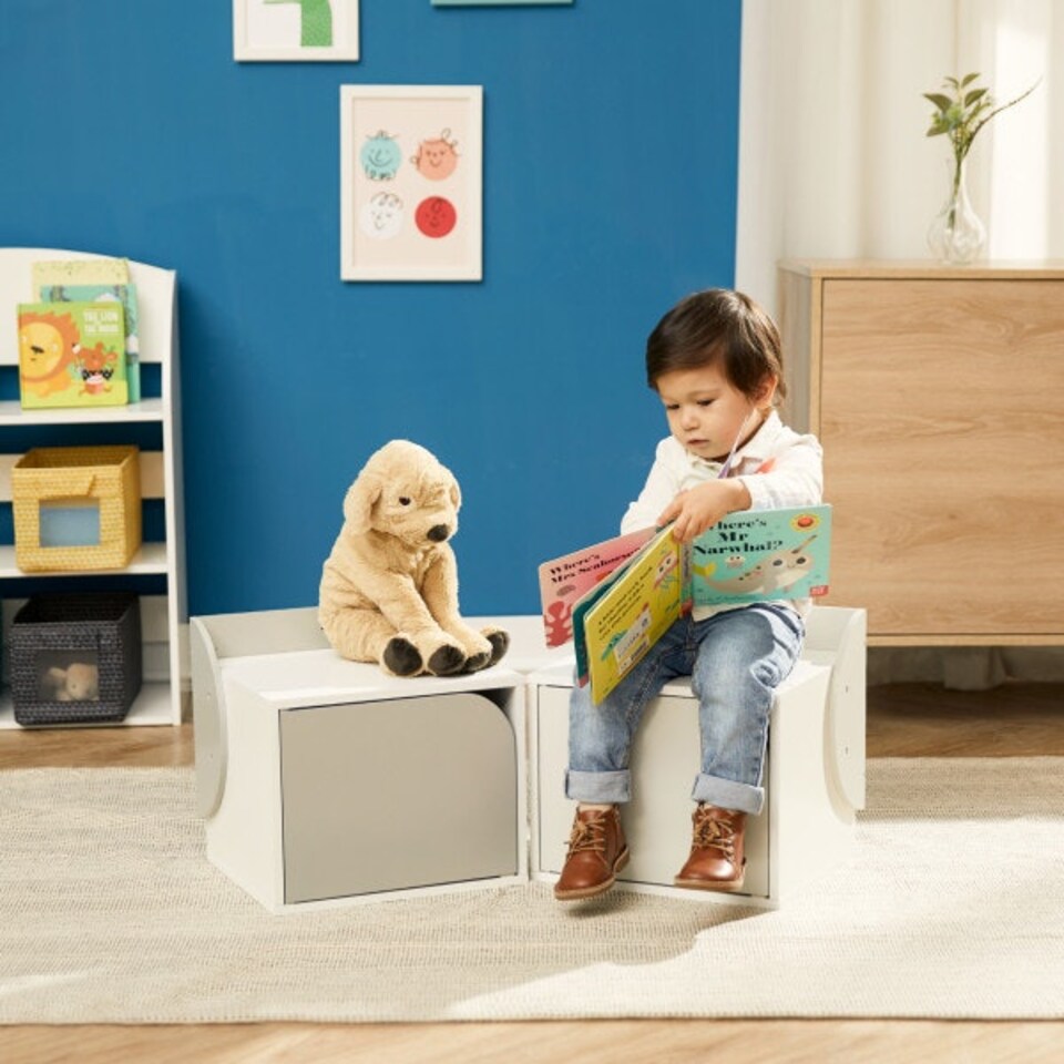 image 1 of Teamson Kids Biscay Bricks Square Table and Two Chair Cubes with Underneath Storage, Grey/White