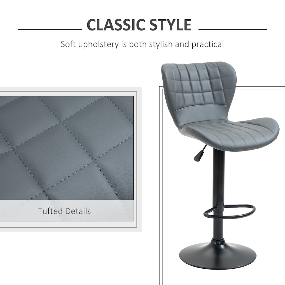 image 1 of HOMCOM Bar Stools Set of 2 Adjustable Height Swivel PU Leather Bar Chairs Grey