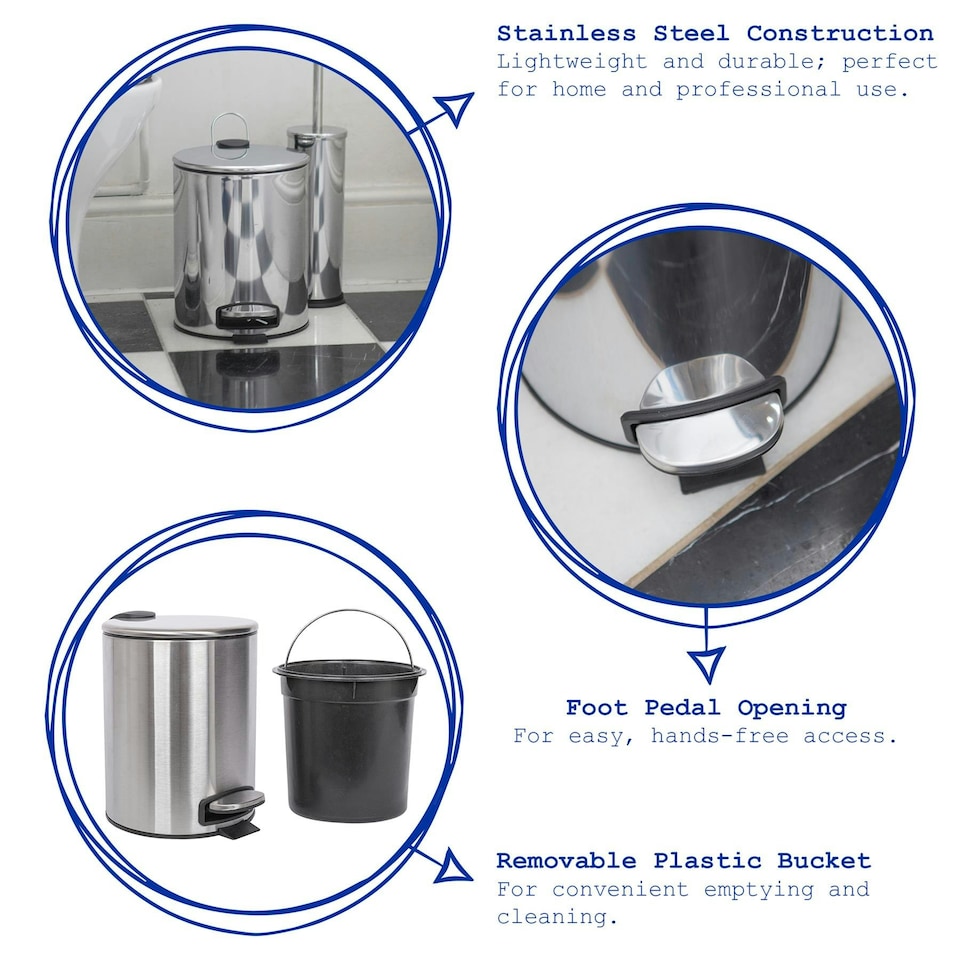 image 1 of Harbour Housewares Round Stainless Steel Pedal Bins - 5L - White - Pack of 2