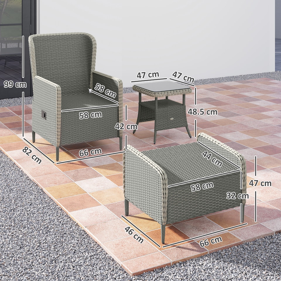 image 1 of Outsunny 5 Piece Rattan Garden Furniture Set with Recliner Chairs, Wicker Patio Conversation Set with Footstools, 2-Tier Glass Top Coffee Table, Cushions for Outdoor, Balcony, Porch, Charcoal Grey