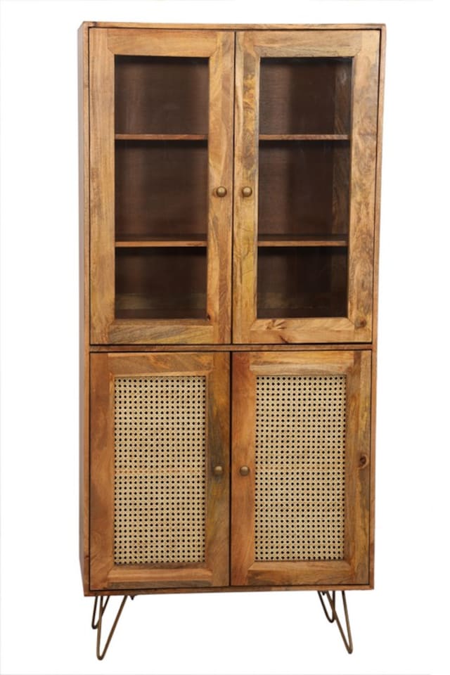 image 1 of Nyack Almiraha Cabinet - Mango Wood/Iron - L45 x W86 x H185 cm - Light Brown with Natural Rattan - Assembly Required