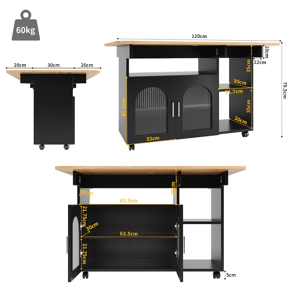 image 1 of VILUXE Kitchen island, kitchen cabinet, removable serving trolley, buffet cabinet, dining trolley with wood grain, buffet cabinet, multifunctional dining table with storage space, Black