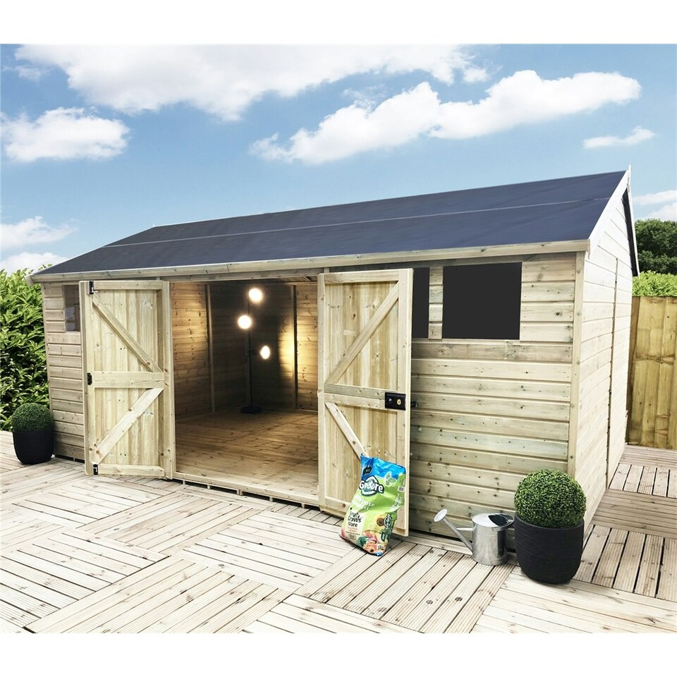 image 1 of 10 x 14 REVERSE Pressure Treated T&G Apex Wooden Workshop / Garden Shed - Double Doors (10' x 14' / 10ft x 14ft) (10x14)