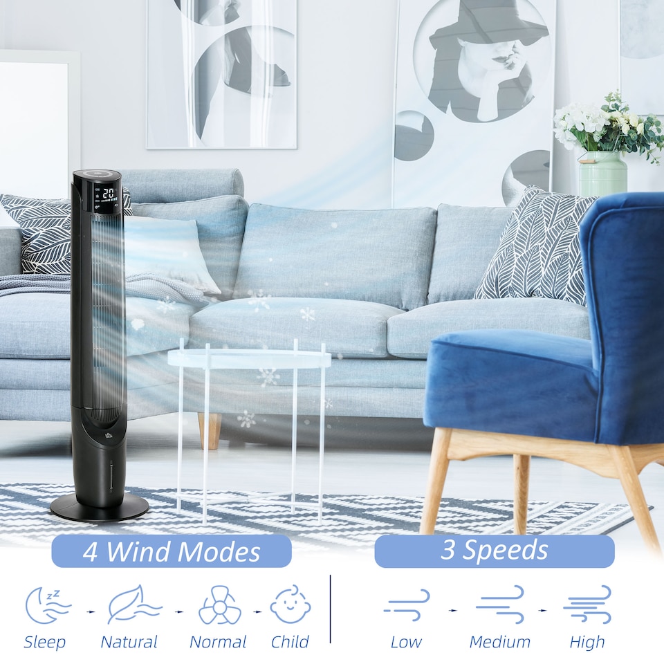 image 1 of HOMCOM 2.8L 2-in-1 Evaporative Air Cooler, Portable Tower Fan with 4 Modes, 3 Speed, Remote Control, 12H Timer, Oscillating for Home Bedroom, Black