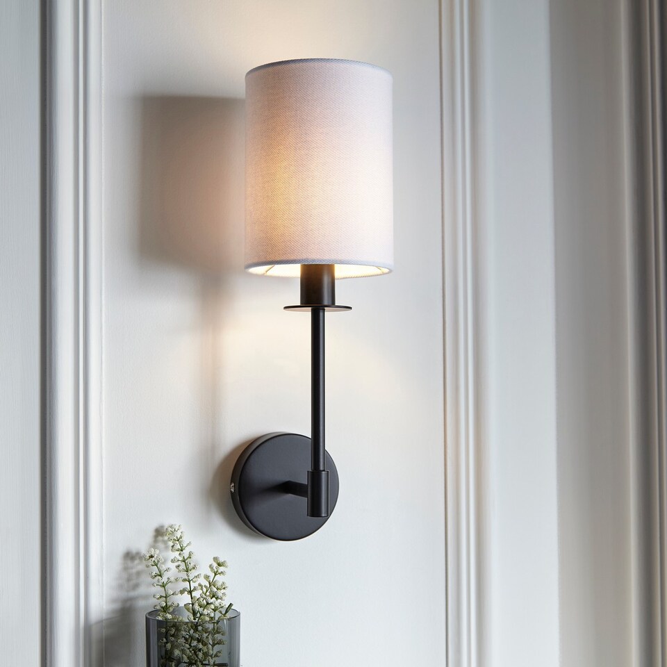 image 1 of Sancerre Wall Lamp with Shade Matt Black, Vintage White Fabric, 1x E14