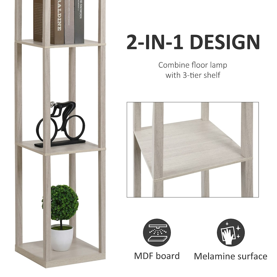 image 1 of HOMCOM Floor Lamp Reading Lamp with 3-Tier Storage Shelf for Home Office Oak