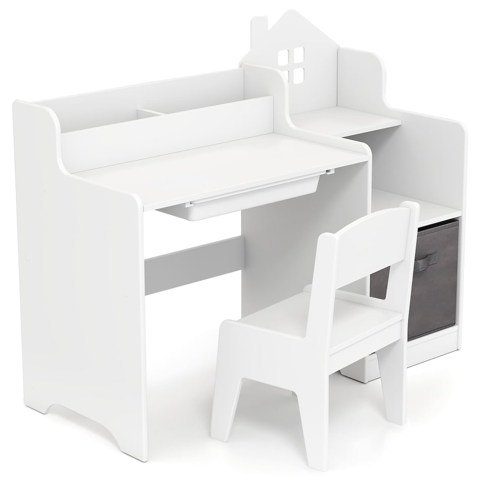 image 1 of COSTWAY Kids Study Desk and Chair Set Children Table White