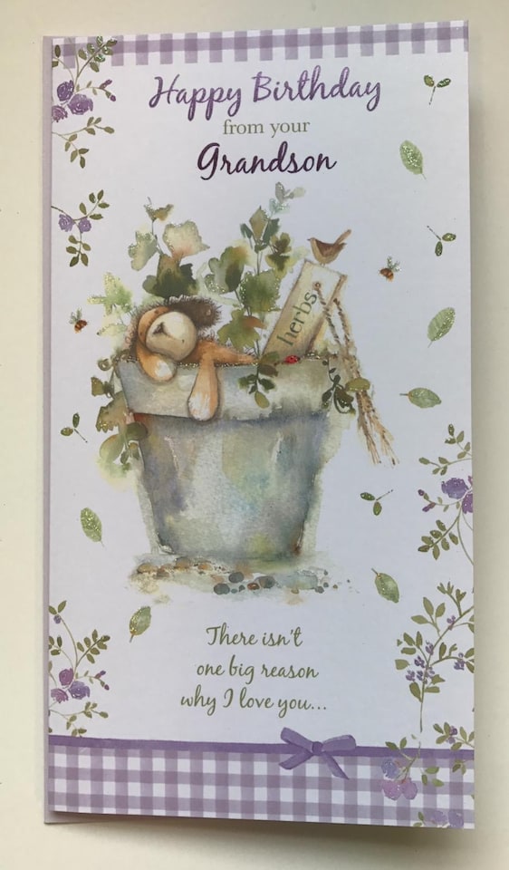 image 1 of Happy Birthday From Your Grandson Slim Card Cute Dog And Herbs Plant