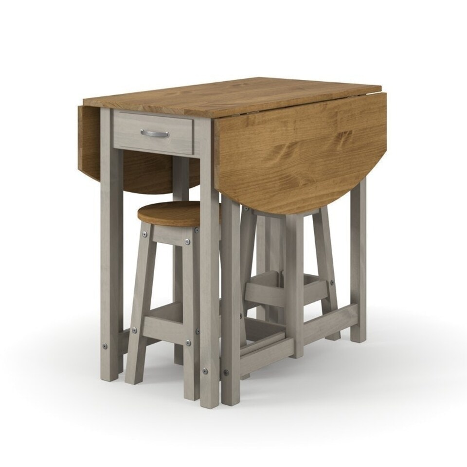 image 1 of Corona Oval Breakfast Drop Leaf Gateleg Table and 2 Stool Set - Pine - Grey/Antique Waxed Pine - Flat Packed Grey