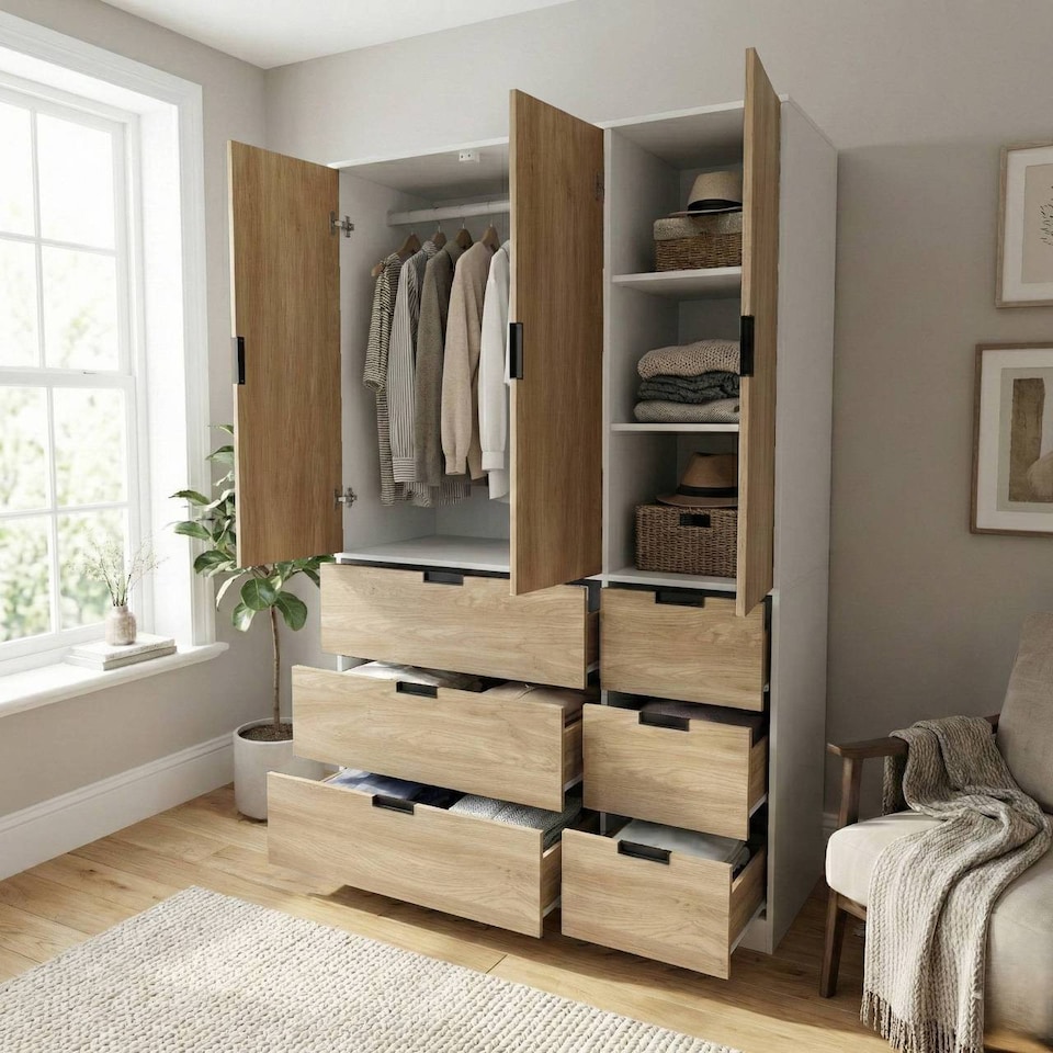image 1 of RIGA 3 Door 6 Drawer Wardrobe | White | White & Oak | 10 x 44.5 x 79 | 1