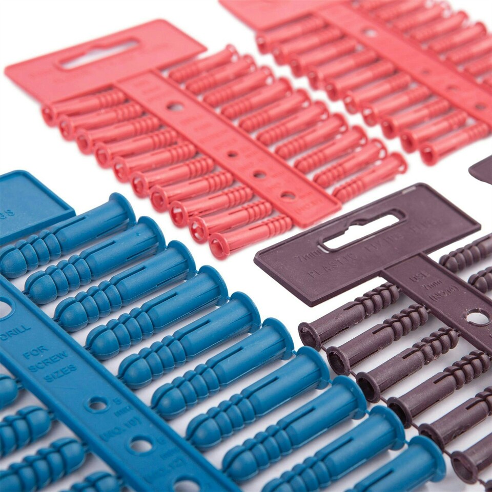 image 1 of Blackspur 100pc Plastic Wall Anchors Set - 3 Sizes - Multicolour