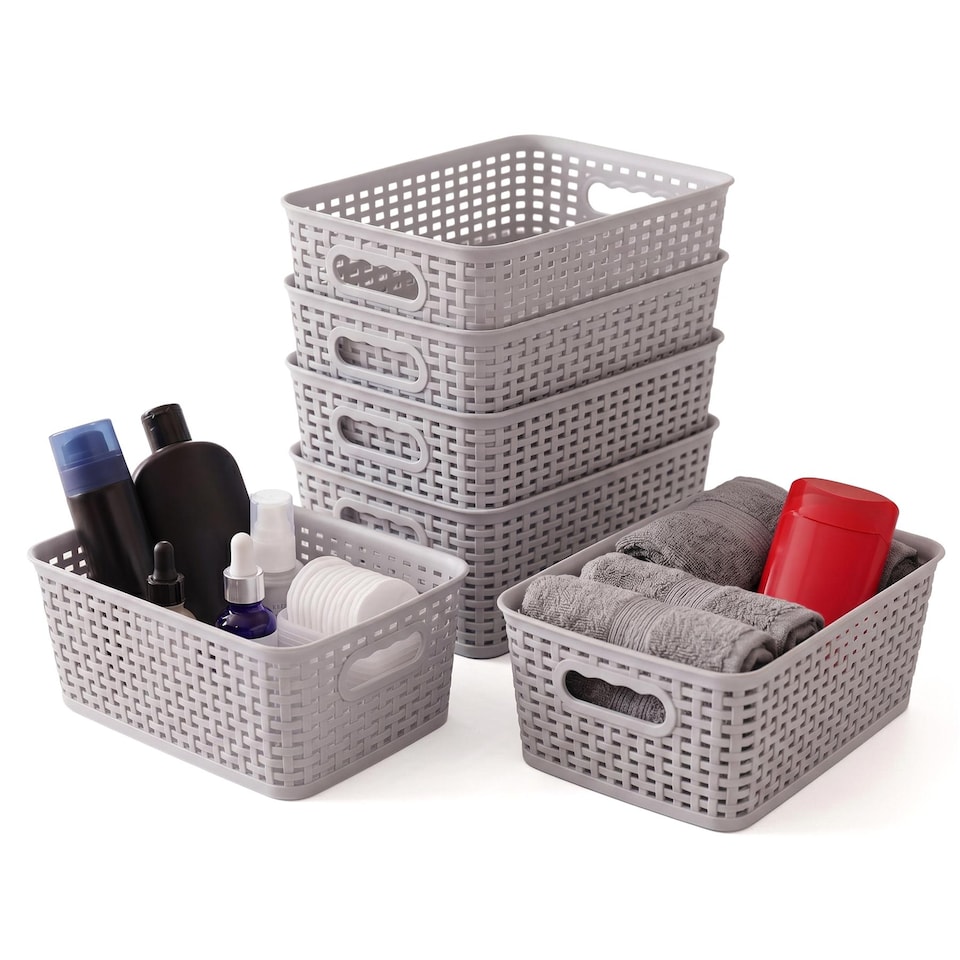 image 1 of GEEZY Small Plastic Storage Baskets Set of 6 Grey Woven Style Stackable Organizers