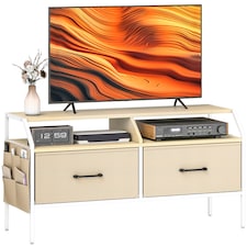 HOMCOM TV Stand Cabinet, TV Unit for 55-inch TVs with 2 Foldable Fabric Drawers, 5 Divided Side Pockets, Open Shelves, Console Table for Living Room, Bedroom, Entertainment Room, Natural Wood Finish | Yellow